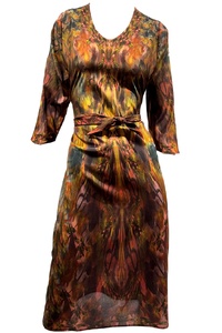 Floral Symphony of Autumn Silk Crepe Dress Long Sleeve Dress