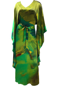 Silk Kimono Dress Green Forest - Floor Length