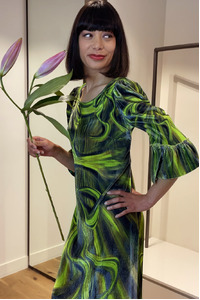 Forest Papillon Silk Velvet Ruffle Sleeve Dress