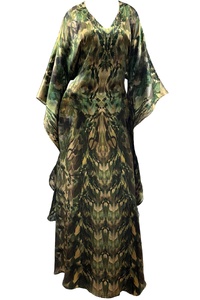 Silk Kimono Dress Floor Length - Olive Green