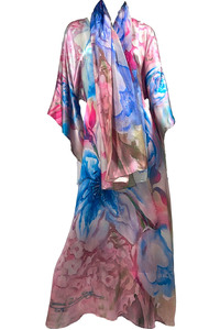 Lost Flowers Silk Kimono Dress Floor Length Blue/Pink