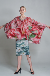 Pink Lilies Silk Crepe Poncho